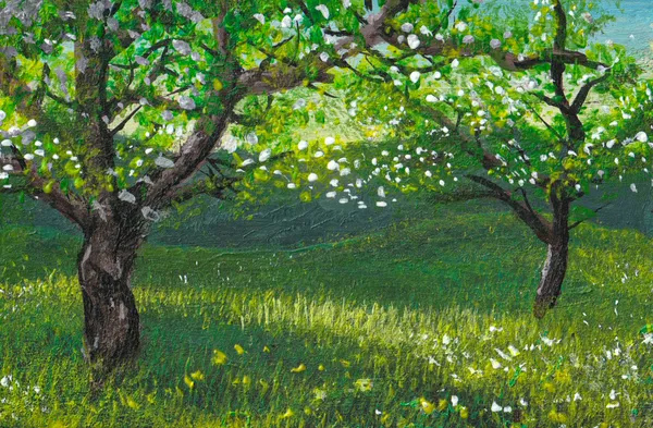 acrylmalerei zweier kirschbaume auf einer sonnengefluteten wiese
