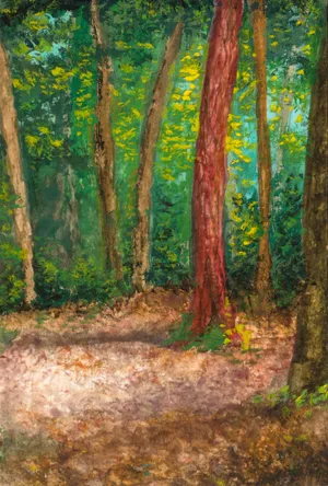 gouchemalerei eines waldes mit einem roten baum im sonnenlicht